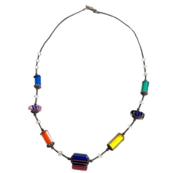 Sterling Silver Beaded Choker Rainbow Art Glass Necklace Modernist Jewelry Artsy - Picture 4 of 13